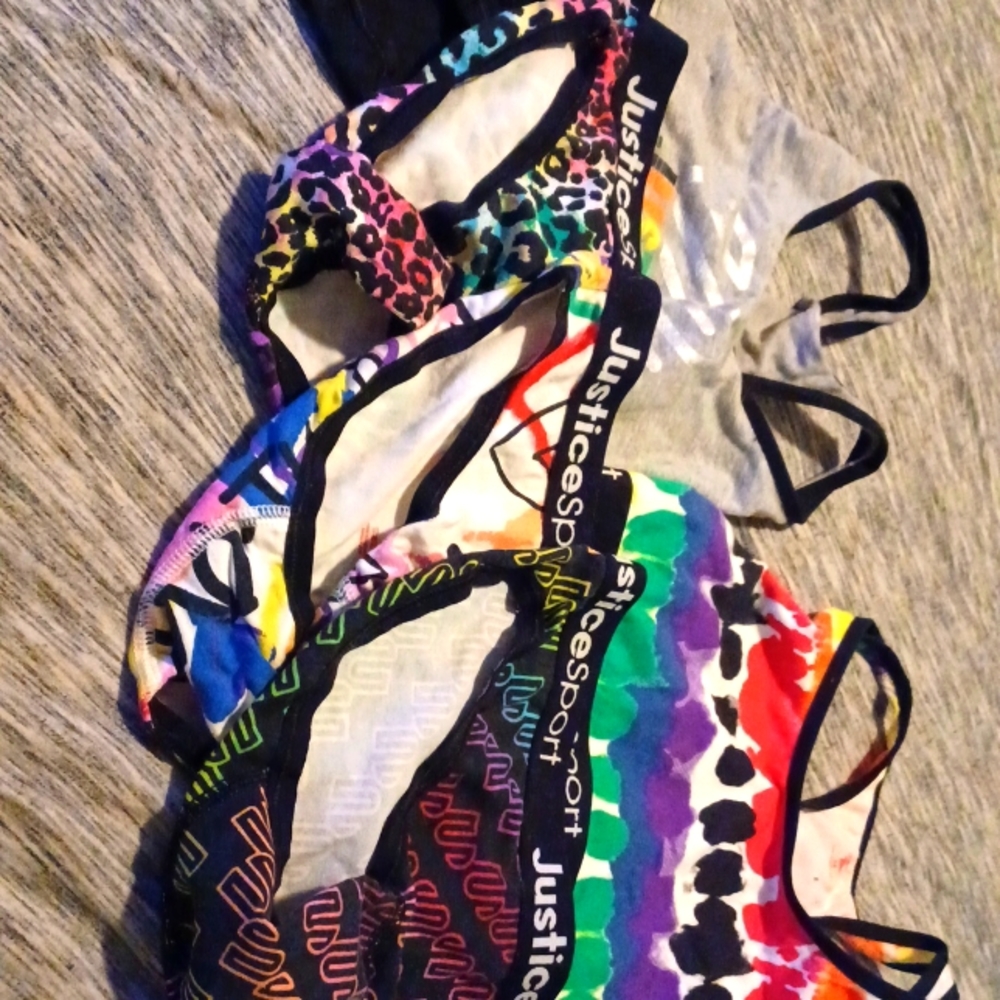 Justice sports bras and matching panties.